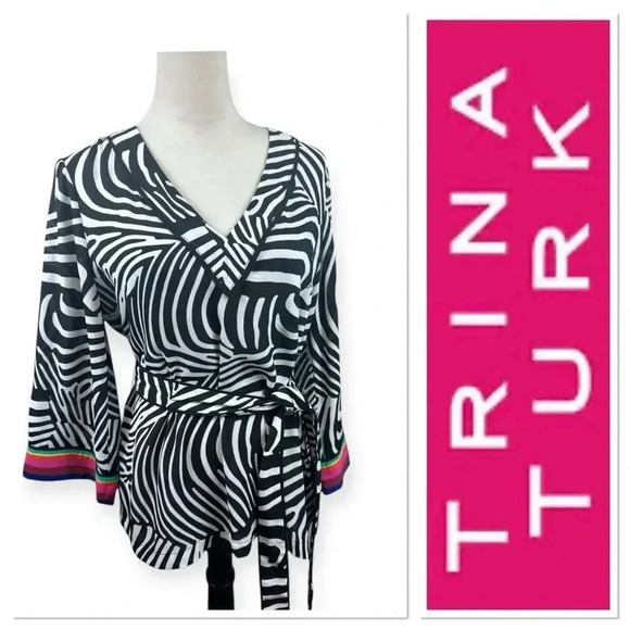 Trina Turk INC zebra print kimono top with rainbow print on sleeves size medium - Picture 1 of 11